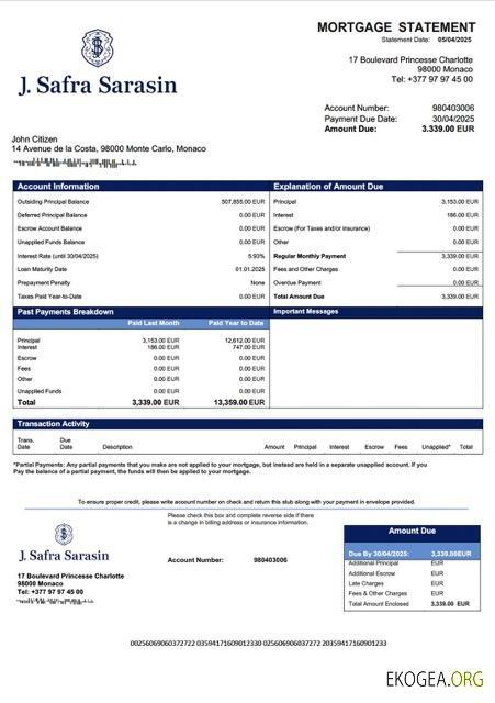 Relevé hypothécaire de Monaco Banque J. Safra (Monaco) Modèle Word et PDF
